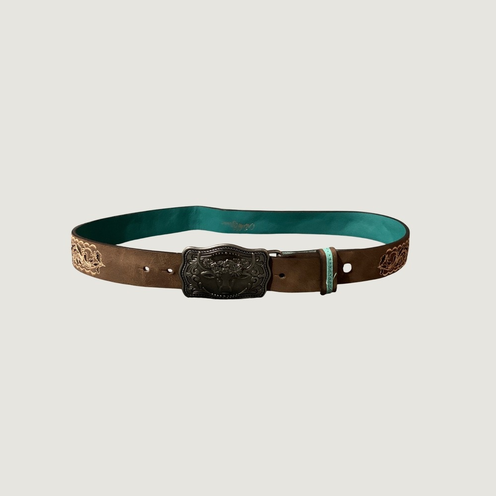 Catchfly Studio Belt Girls L Brown Turquoise Embroidered Steer Buckle Western